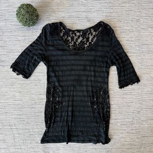 Y2K Miss Me Black Striped Mesh Lace Knit Top Goth Grunge Size Large